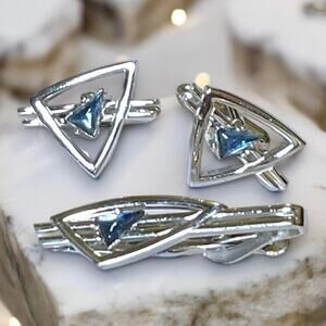 VTG Swank Cufflinks and Tie Bar Silver Tone Blue Glass Art Deco MCM Set Signed